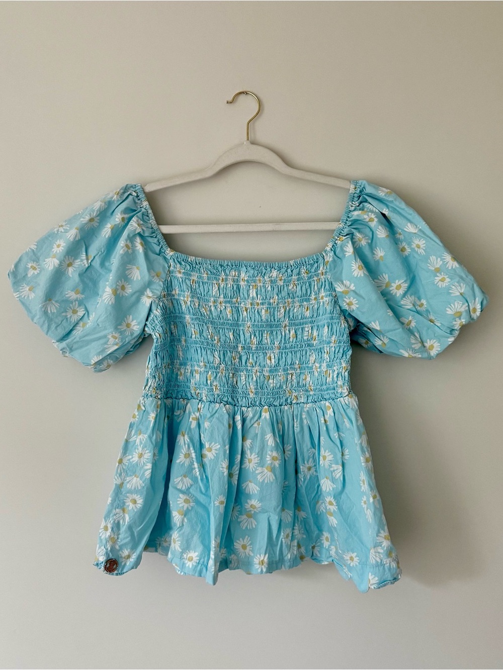 Simply Southern Puff Sleeve Smocked Cotton Peplum Blouse, Blue Floral Daisy – L